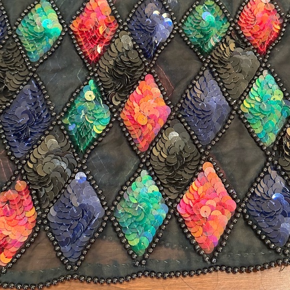 🌟HP🌟VTG 1996 Liz Claiborne Black Micro Bead & Harlequin Pattern Sequin Scarf - Picture 8 of 9